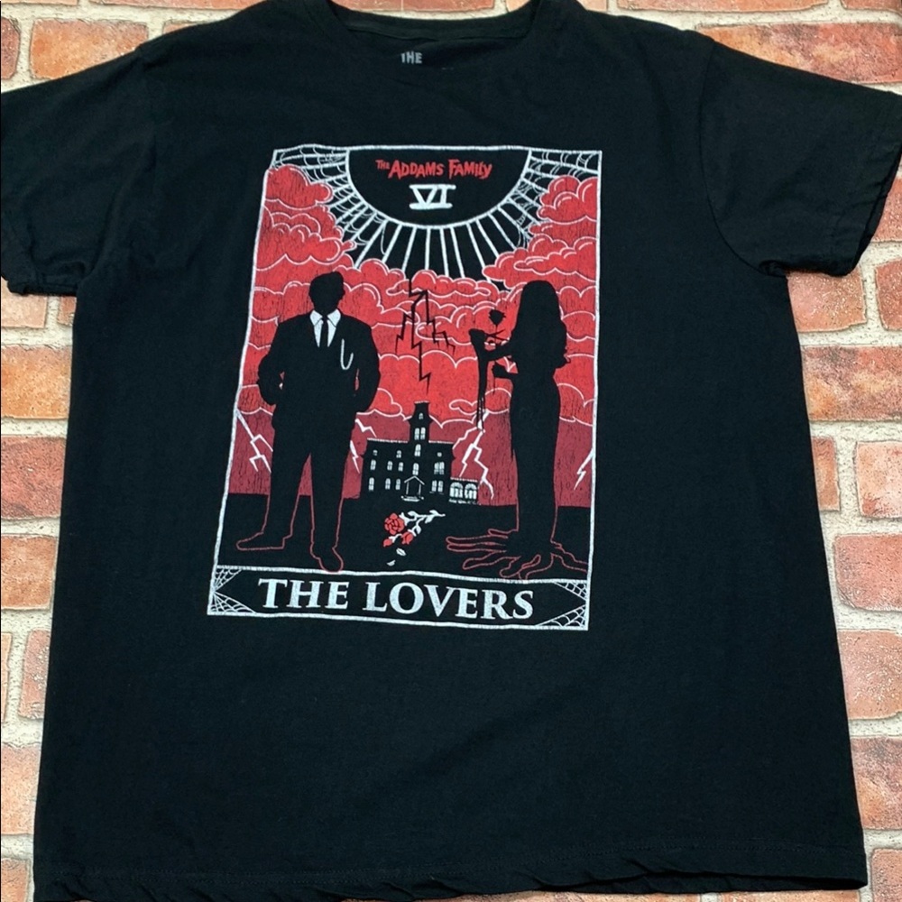 Goodie Two Sleeves Black Graphic T-Shirt with Adam’s Family Design. Size M